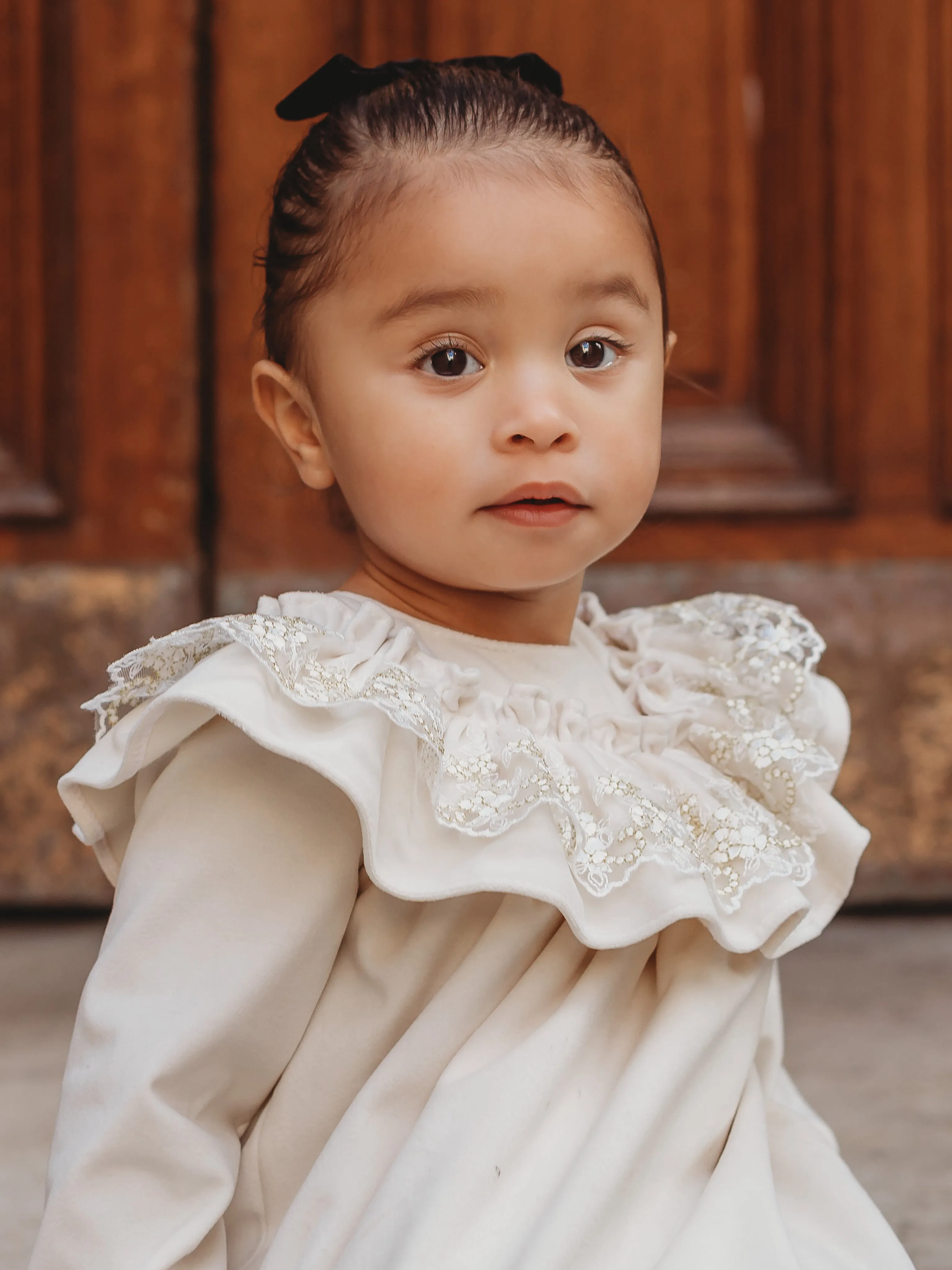 'Eve' Ivory velvet & gold lace dress