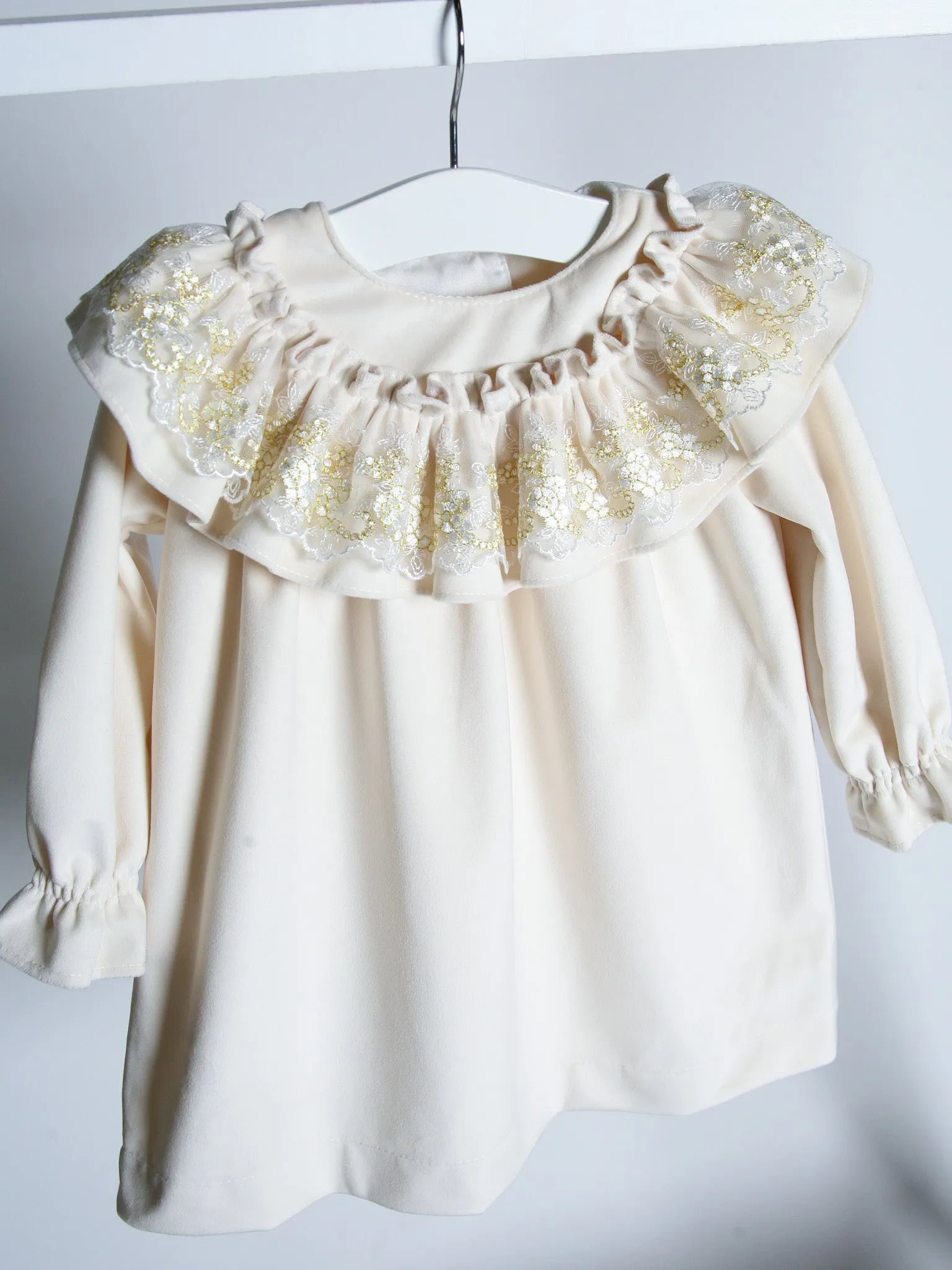 'Eve' Ivory velvet & gold lace dress