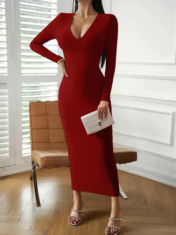 Fashion women’s new sexy V-neck hip-hugging long-sleeved dress