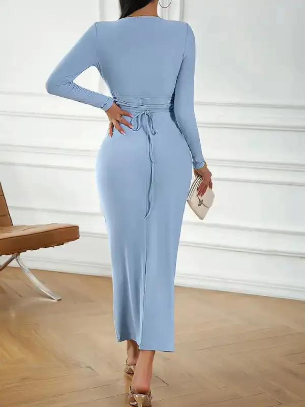 Fashion women’s new sexy V-neck hip-hugging long-sleeved dress