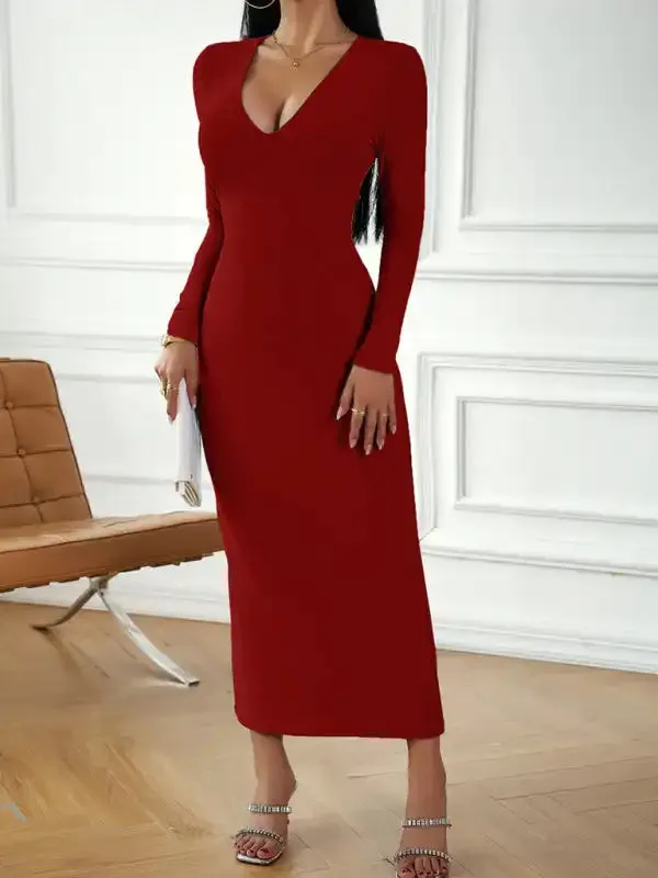 Fashion women’s new sexy V-neck hip-hugging long-sleeved dress