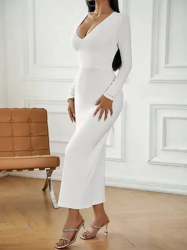 Fashion women’s new sexy V-neck hip-hugging long-sleeved dress