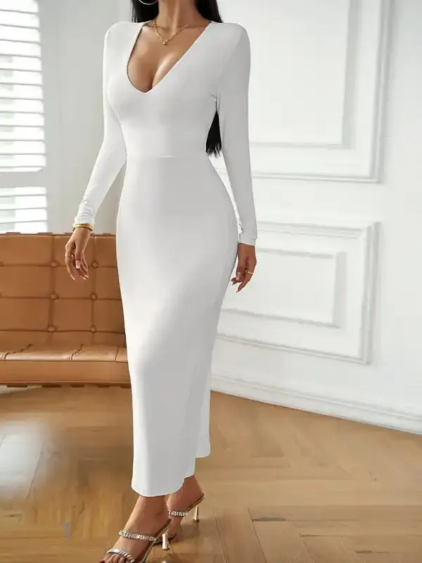 Fashion women’s new sexy V-neck hip-hugging long-sleeved dress