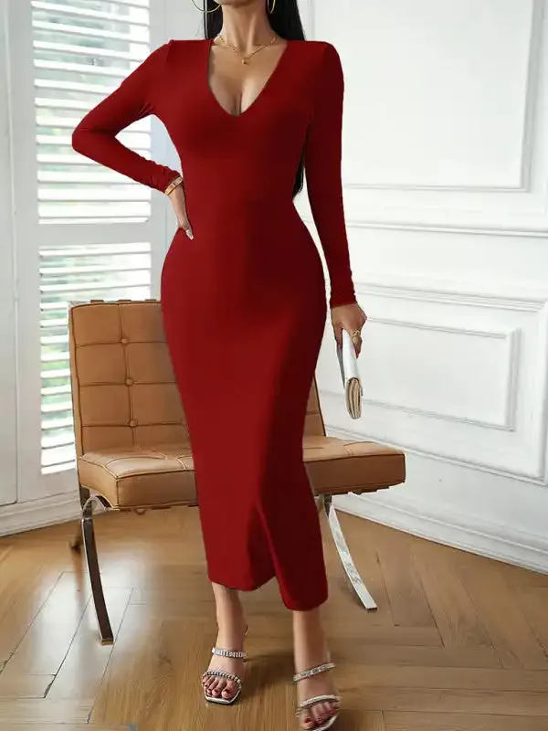 Fashion women’s new sexy V-neck hip-hugging long-sleeved dress