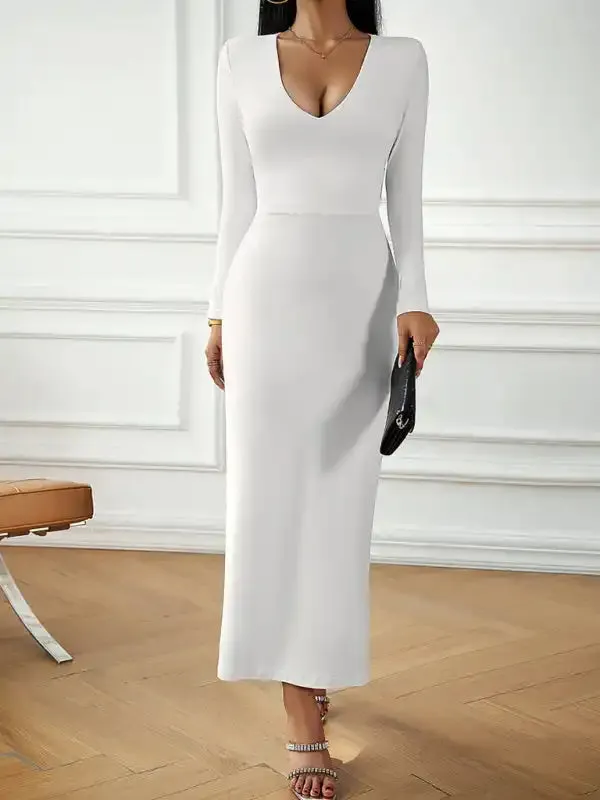 Fashion women’s new sexy V-neck hip-hugging long-sleeved dress