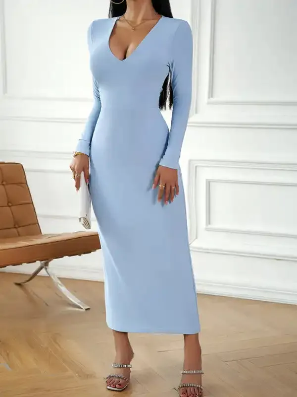 Fashion women’s new sexy V-neck hip-hugging long-sleeved dress