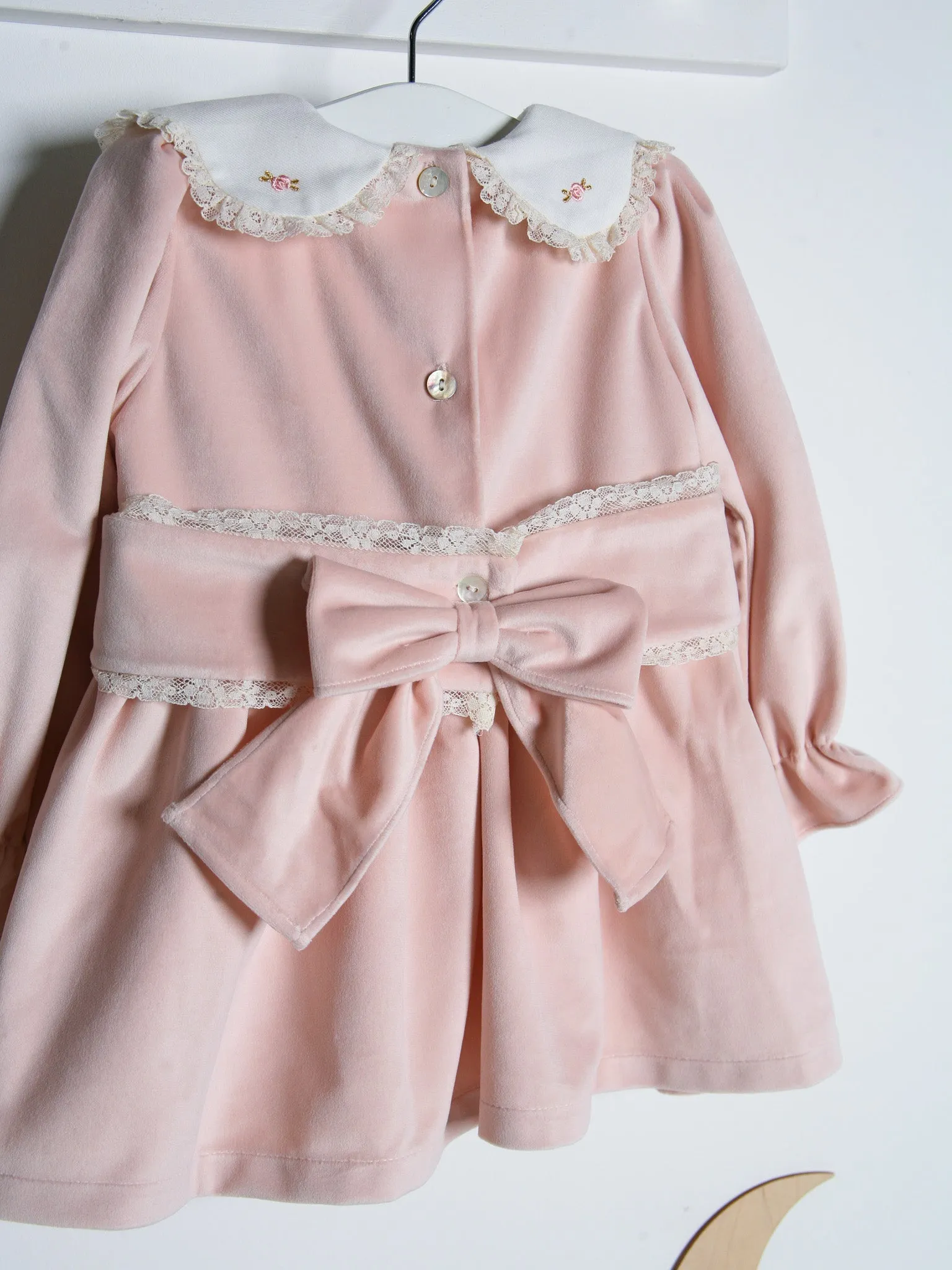 Fofettes Pale Pink Velvet Dress with Embroidered Lace Collar