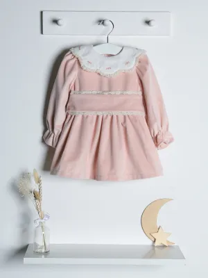 Fofettes Pale Pink Velvet Dress with Embroidered Lace Collar