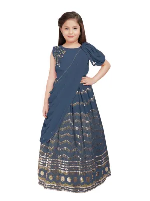 Grey Embellished Georgette With Saree Style Dupatta Attached Gown For Girls