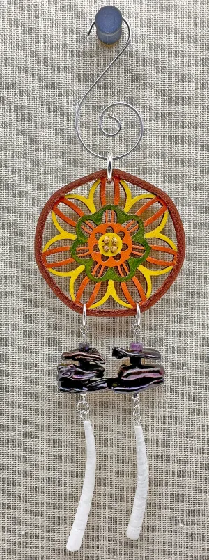 Hand painted Wooden Dreamcatcher w/ Deer hide, Black Mother-of-Pearl, & Dentalium Shell (M)