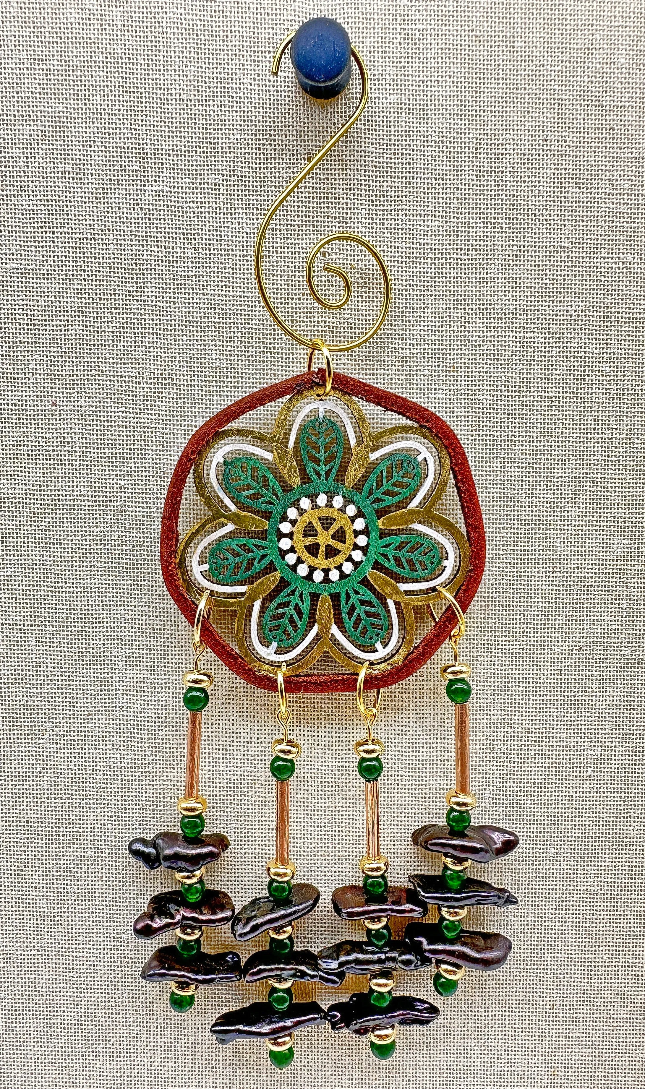 Hand painted Wooden Dreamcatcher w/ Deer hide, Black Mother-of-Pearl, & Jade (M)