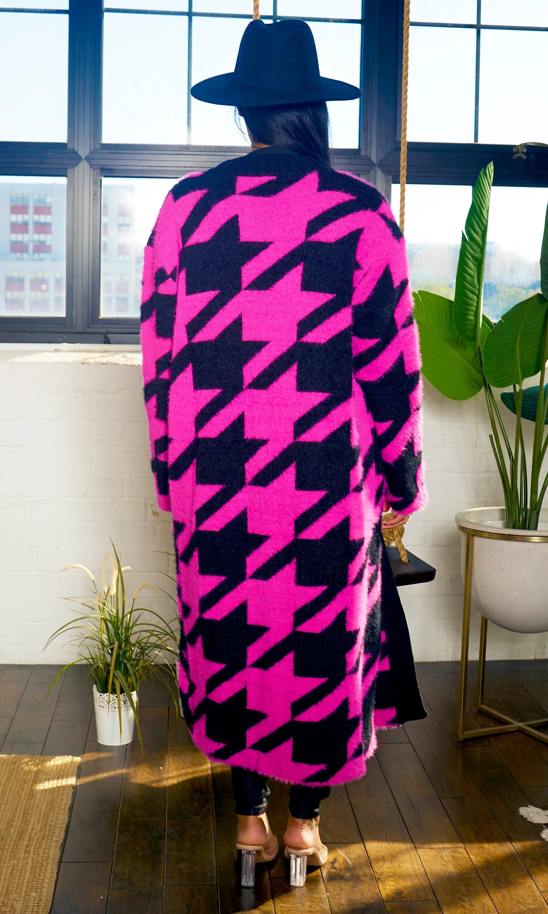 Houndstooth Detail Cardigan - Pink