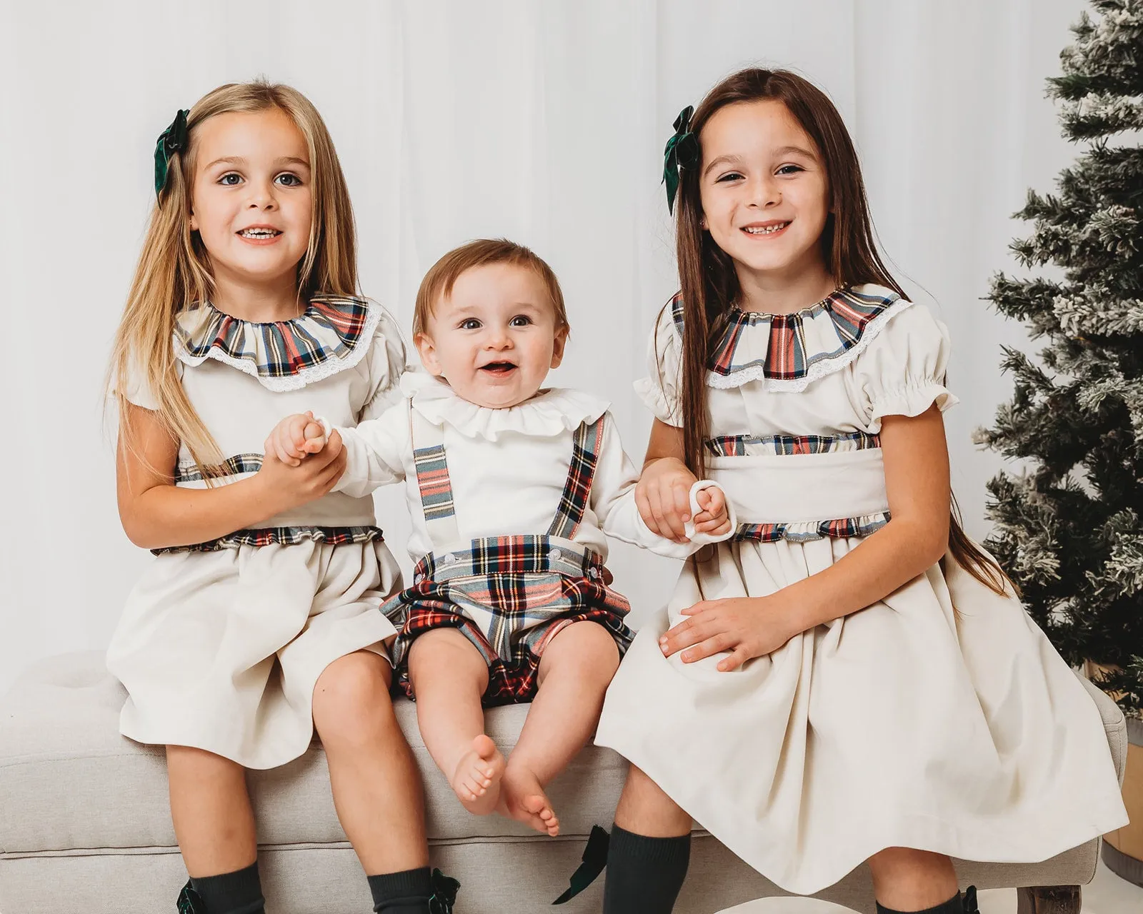 'Ivy' Ivory velvet & tartan dress