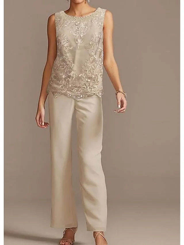 Jumpsuit / Pantsuit Mother of the Bride Dress Formal Elegant Jewel Neck Floor Length Chiffon Lace 3/4 Length Sleeve with Beading Appliques 2023