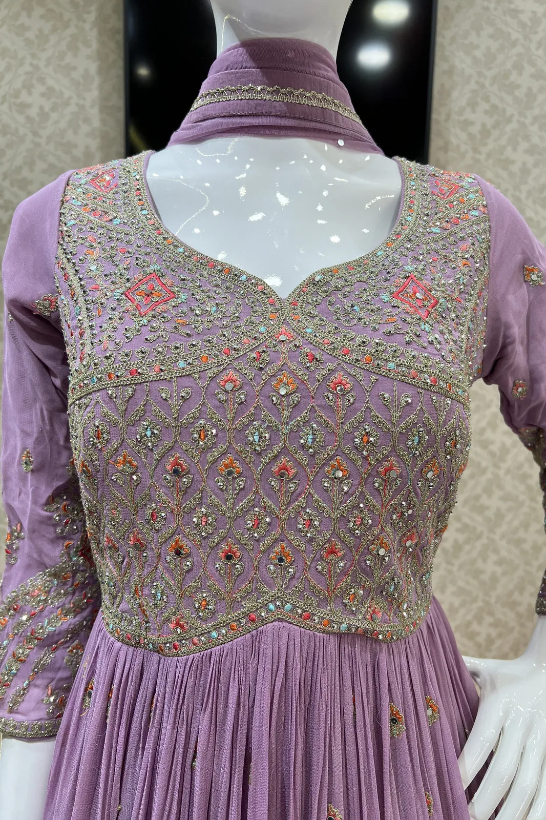 Lavender Multicolor Thread, Stone and Zari work Floor Length Anarkali Suit