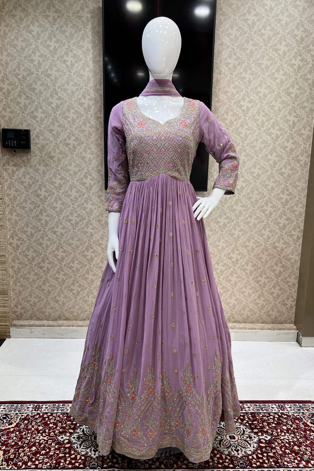 Lavender Multicolor Thread, Stone and Zari work Floor Length Anarkali Suit