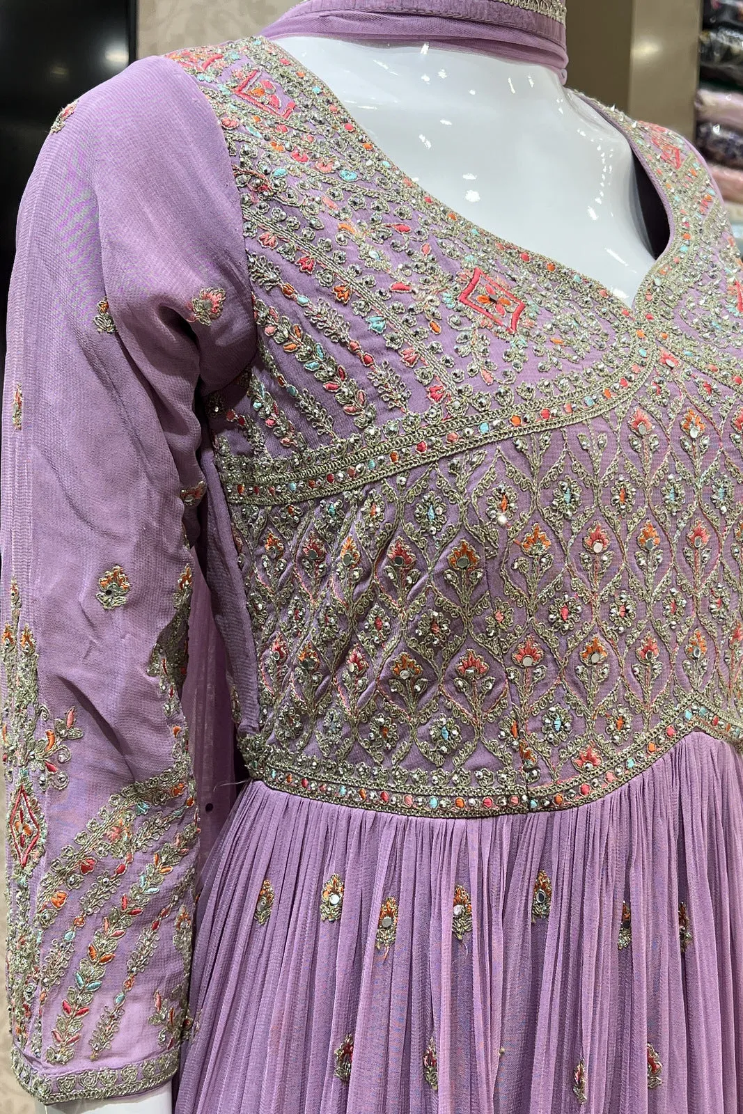 Lavender Multicolor Thread, Stone and Zari work Floor Length Anarkali Suit