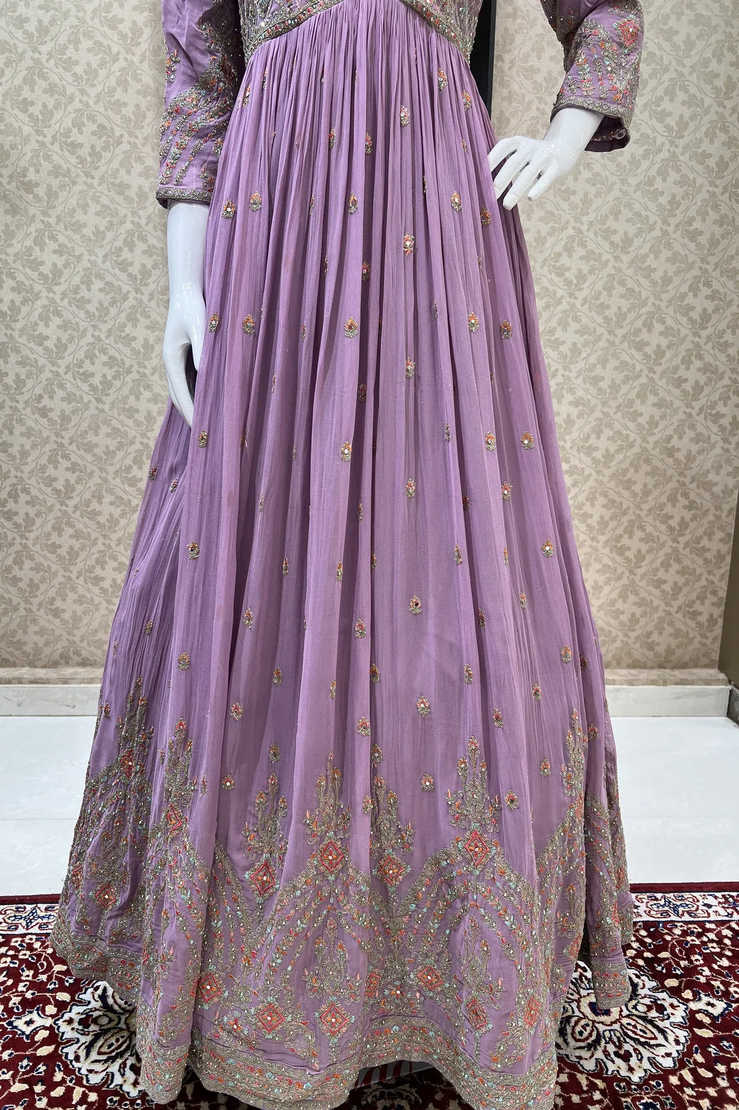 Lavender Multicolor Thread, Stone and Zari work Floor Length Anarkali Suit