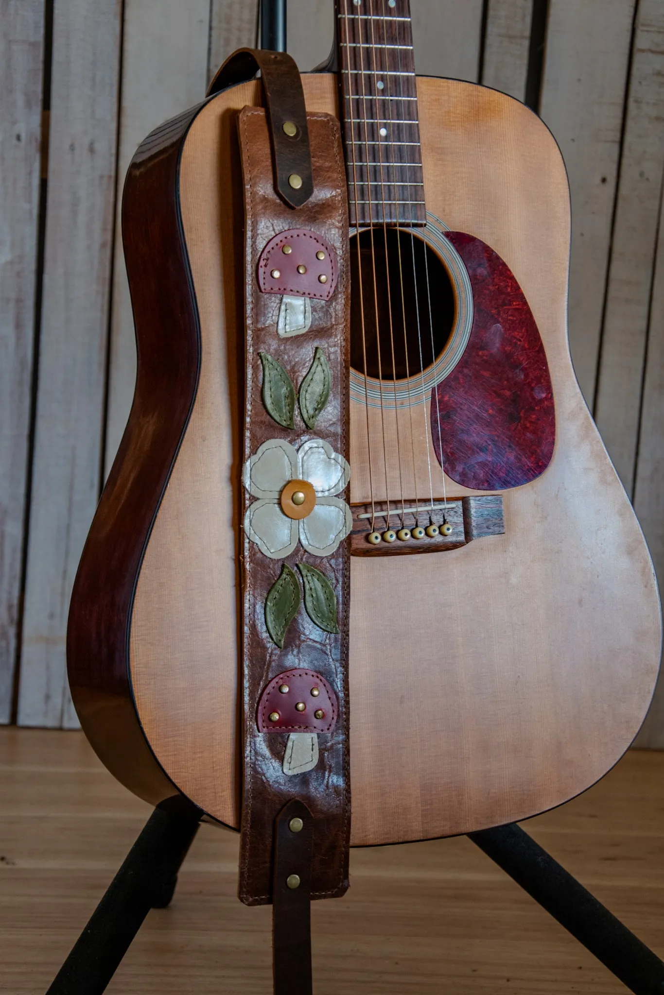 Limited Edition | Leather Guitar Strap |  Handmade Banjo Strap  | Mushroom Folk Art Applique | Eco Friendly Leather