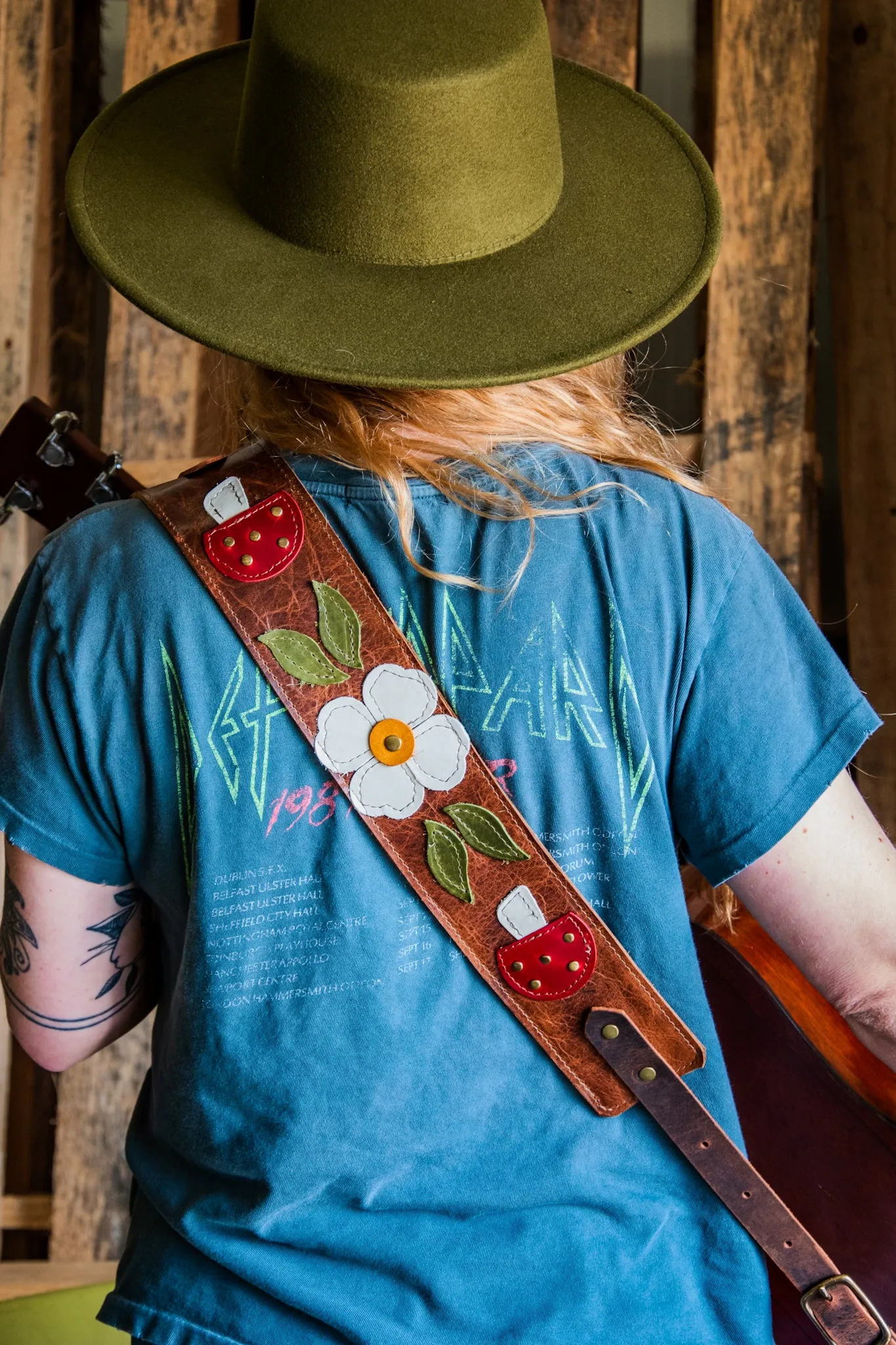 Limited Edition | Leather Guitar Strap |  Handmade Banjo Strap  | Mushroom Folk Art Applique | Eco Friendly Leather