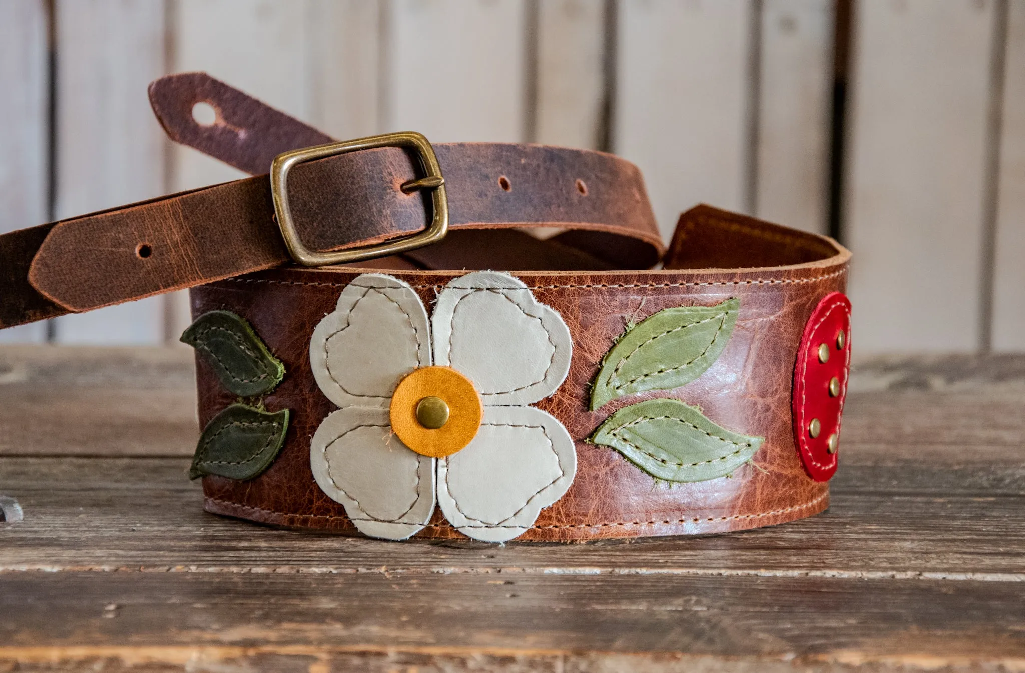 Limited Edition | Leather Guitar Strap |  Handmade Banjo Strap  | Mushroom Folk Art Applique | Eco Friendly Leather