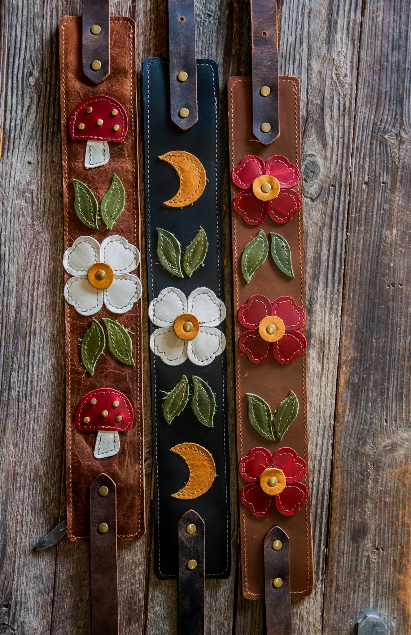 Limited Edition | Leather Guitar Strap |  Handmade Banjo Strap  | Mushroom Folk Art Applique | Eco Friendly Leather