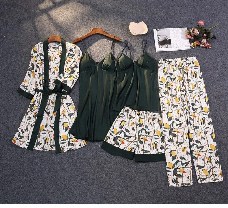 Lisacmvpnel Autumn 5 Pcs Suit Women Pajamas With Chest Pad Printed Fashion Pyjamas