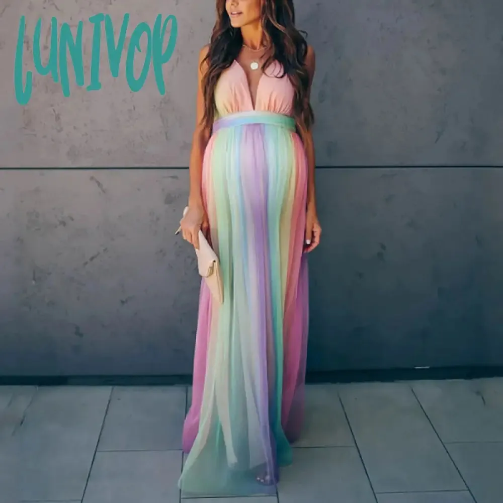 Lunivop colors of the rainbow dress to impress Spring and Summer New Pregnant Mother Pregnant Women Large Swing Mesh Rainbow Printing Dress