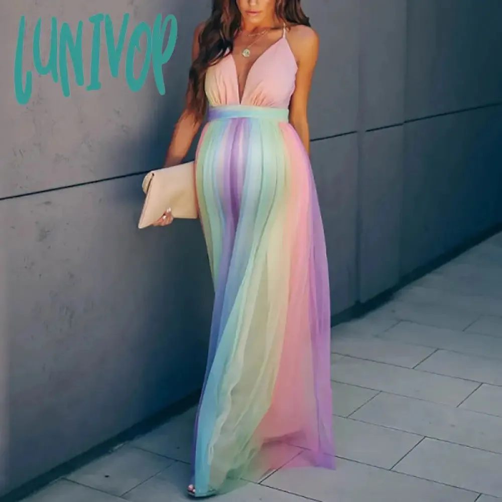 Lunivop colors of the rainbow dress to impress Spring and Summer New Pregnant Mother Pregnant Women Large Swing Mesh Rainbow Printing Dress