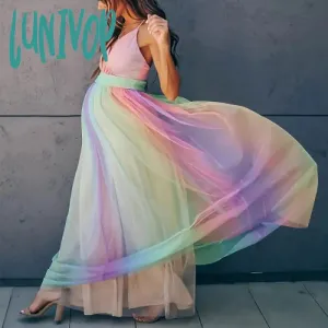 Lunivop colors of the rainbow dress to impress Spring and Summer New Pregnant Mother Pregnant Women Large Swing Mesh Rainbow Printing Dress