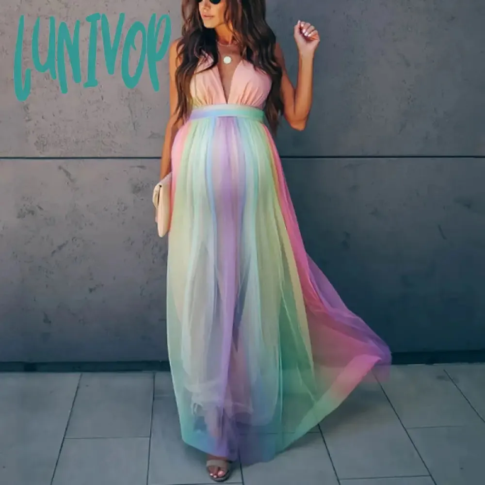 Lunivop colors of the rainbow dress to impress Spring and Summer New Pregnant Mother Pregnant Women Large Swing Mesh Rainbow Printing Dress