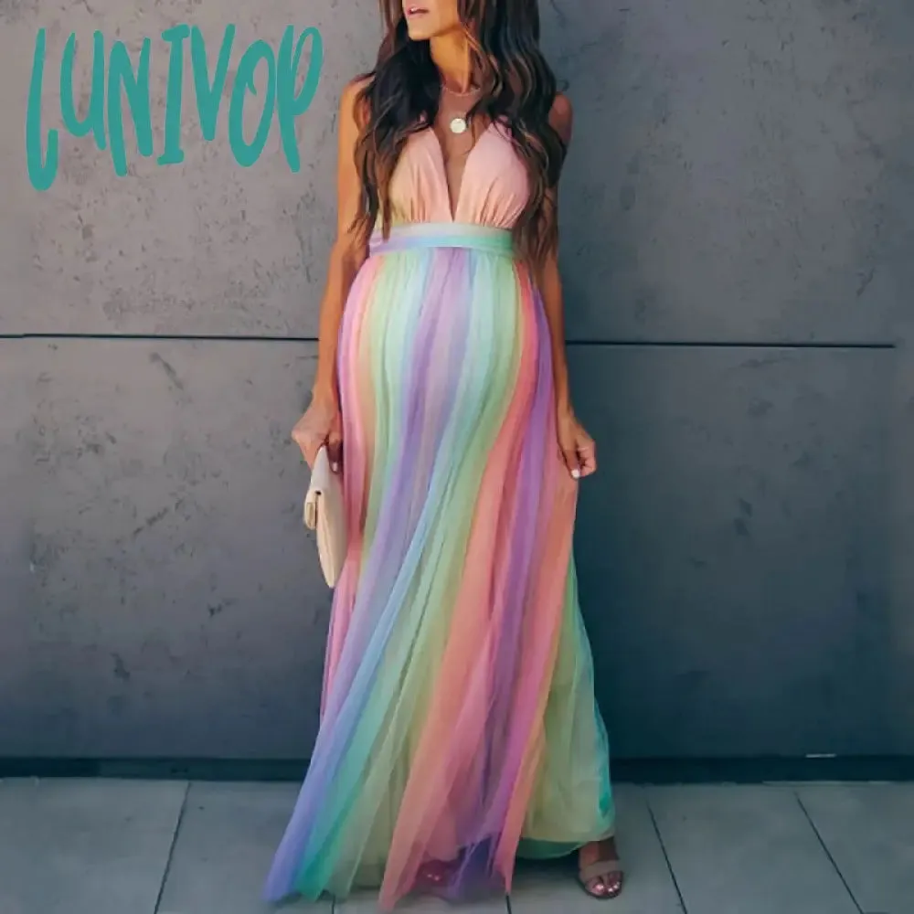 Lunivop colors of the rainbow dress to impress Spring and Summer New Pregnant Mother Pregnant Women Large Swing Mesh Rainbow Printing Dress