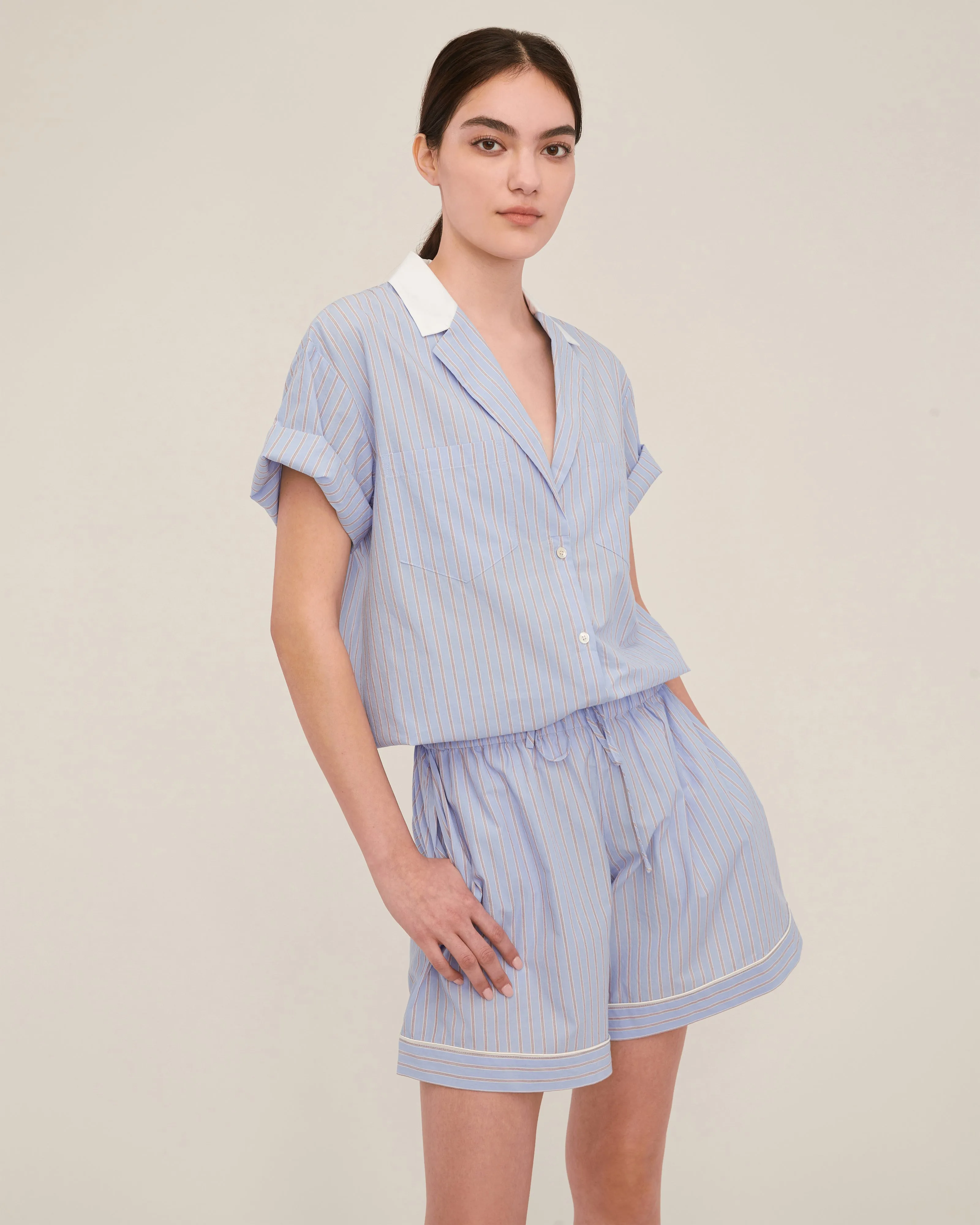 Margo Notch Collar Camp Shirt in Cerulean Edie Stripe White Combo