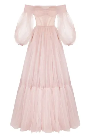 Misty Rose Sheer Sleeves Maxi Tulle Dress