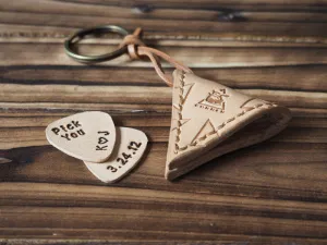 Personalized Hand-Tooled Leather Guitar Pick Holder Keychain #Natural Nude with Pattern