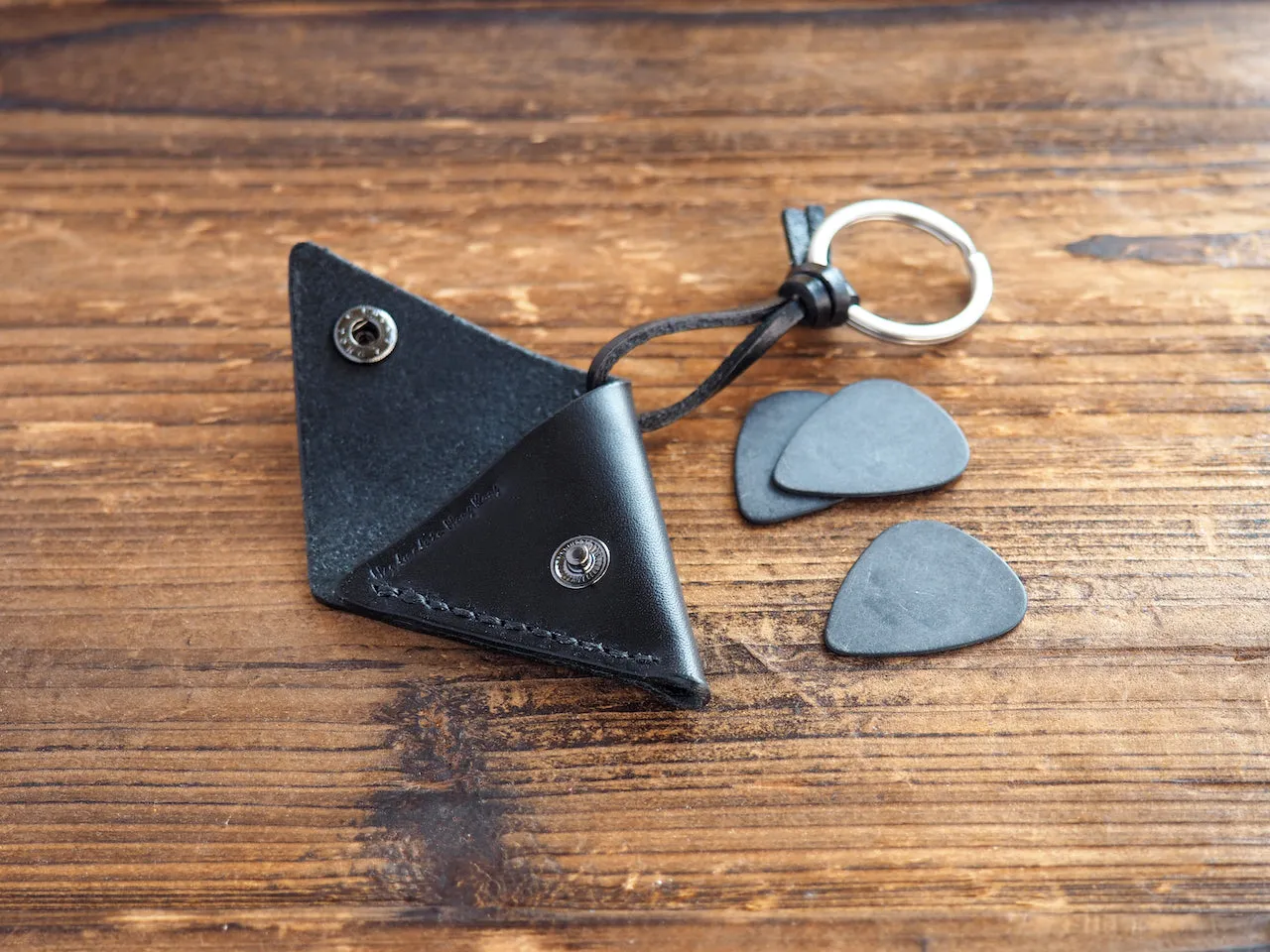 Personalized Leather Folded Guitar Pick Holder Keychain #Black