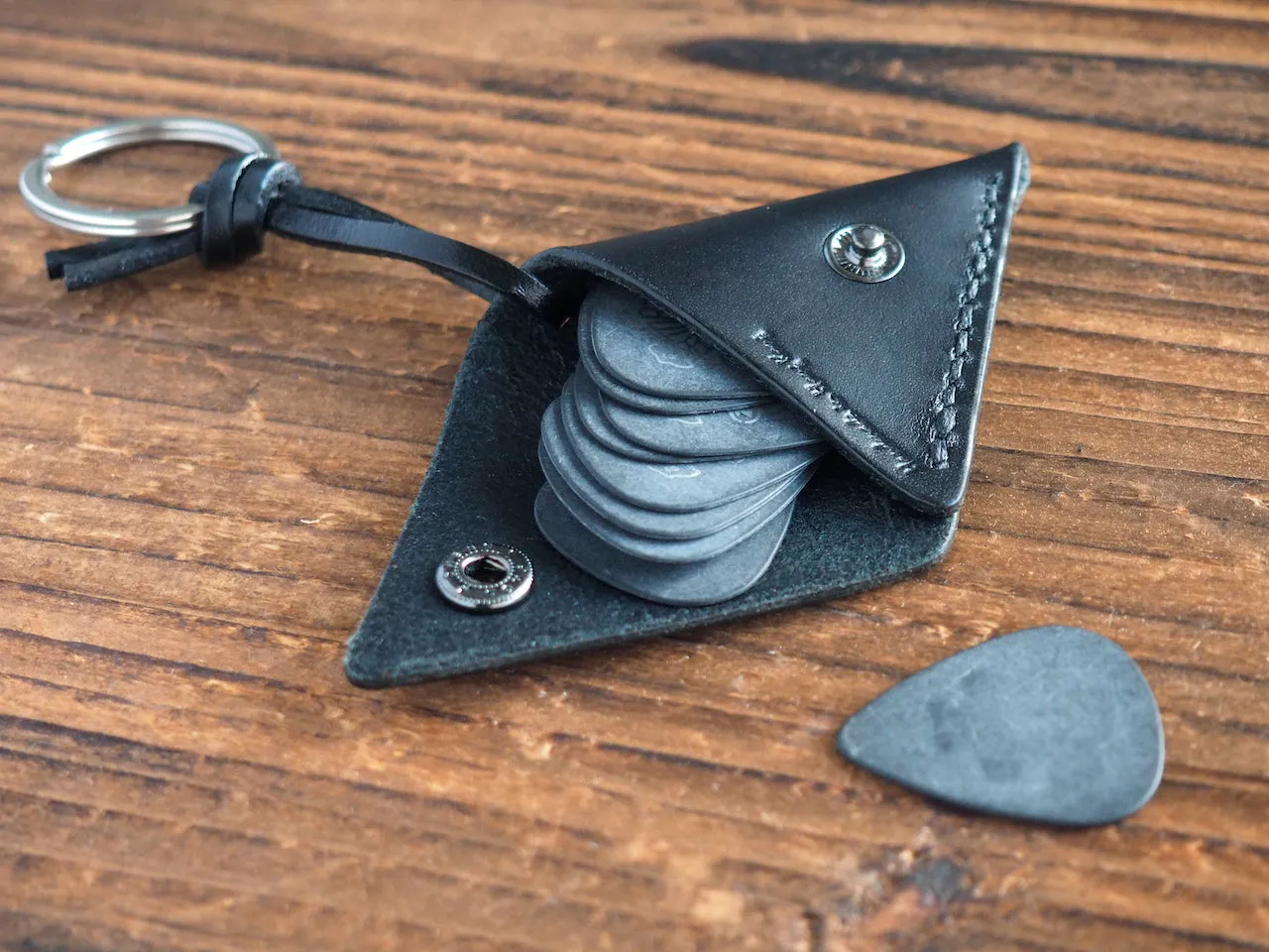 Personalized Leather Folded Guitar Pick Holder Keychain #Black