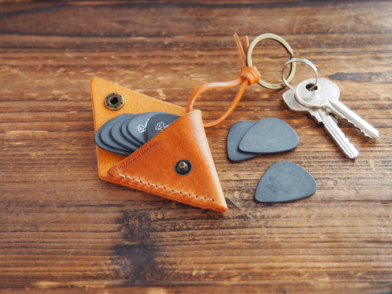 Personalized Leather Folded Guitar Pick Holder Keychain #Brown