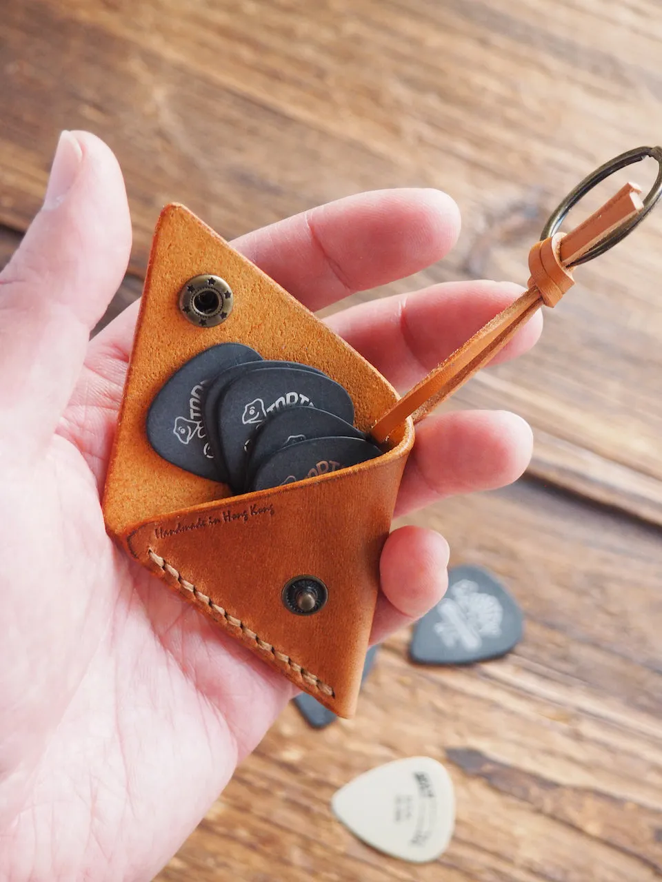 Personalized Leather Folded Guitar Pick Holder Keychain #Brown