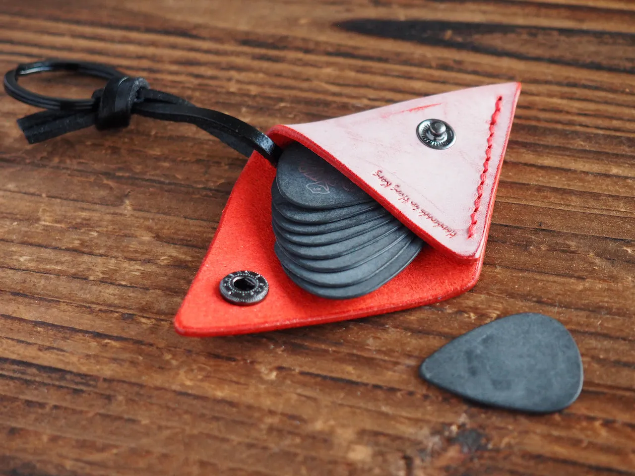 Personalized Leather Folded Guitar Pick Holder Keychain #Ghost Red