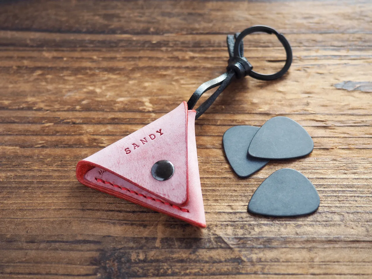 Personalized Leather Folded Guitar Pick Holder Keychain #Ghost Red