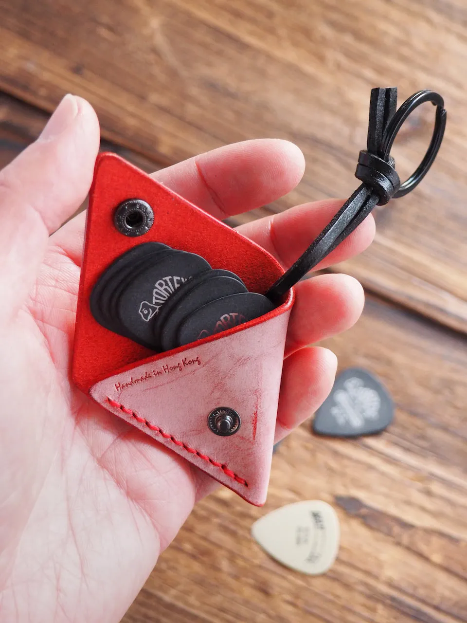 Personalized Leather Folded Guitar Pick Holder Keychain #Ghost Red