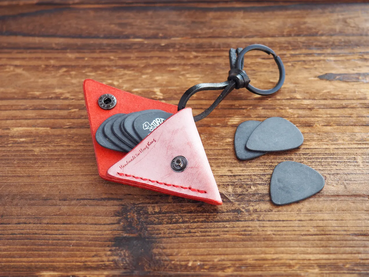 Personalized Leather Folded Guitar Pick Holder Keychain #Ghost Red