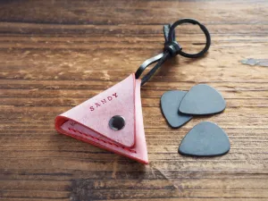 Personalized Leather Folded Guitar Pick Holder Keychain #Ghost Red