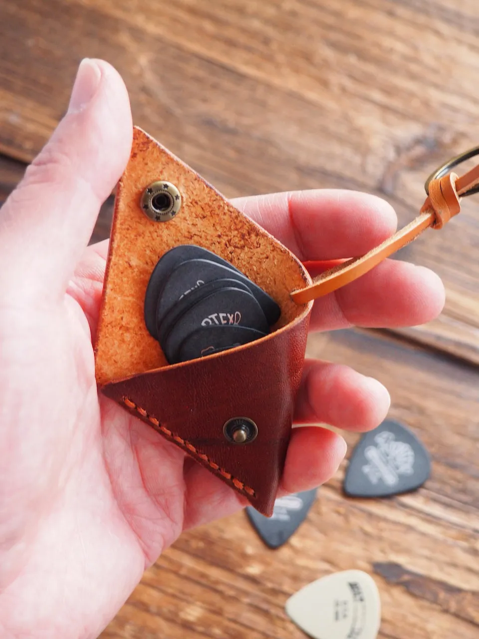 Personalized Leather Folded Guitar Pick Holder Keychain #Whiskey Brown