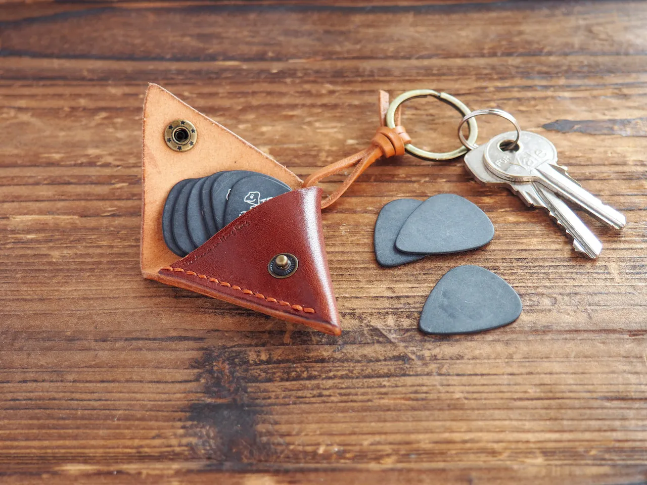 Personalized Leather Folded Guitar Pick Holder Keychain #Whiskey Brown