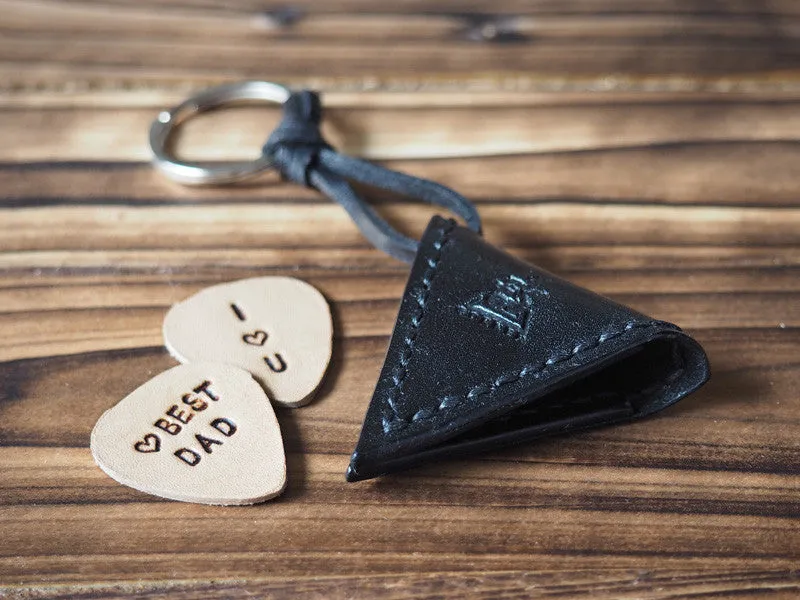 Personalized Leather Guitar Pick Holder Keychain #Black