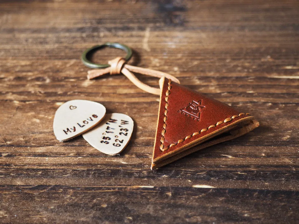 Personalized Leather Guitar Pick Holder Keychain #Whiskey Brown