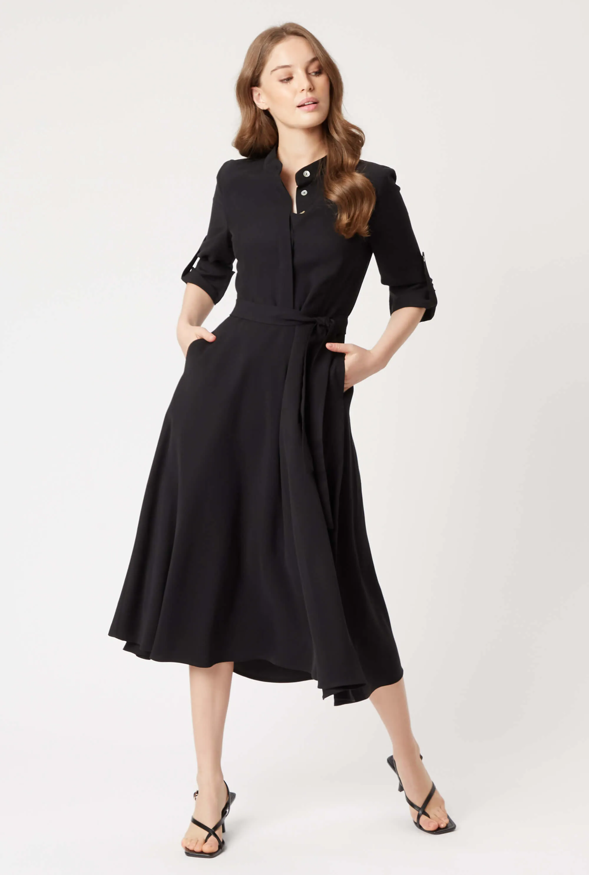 Roll Sleeve Midi Dress Black