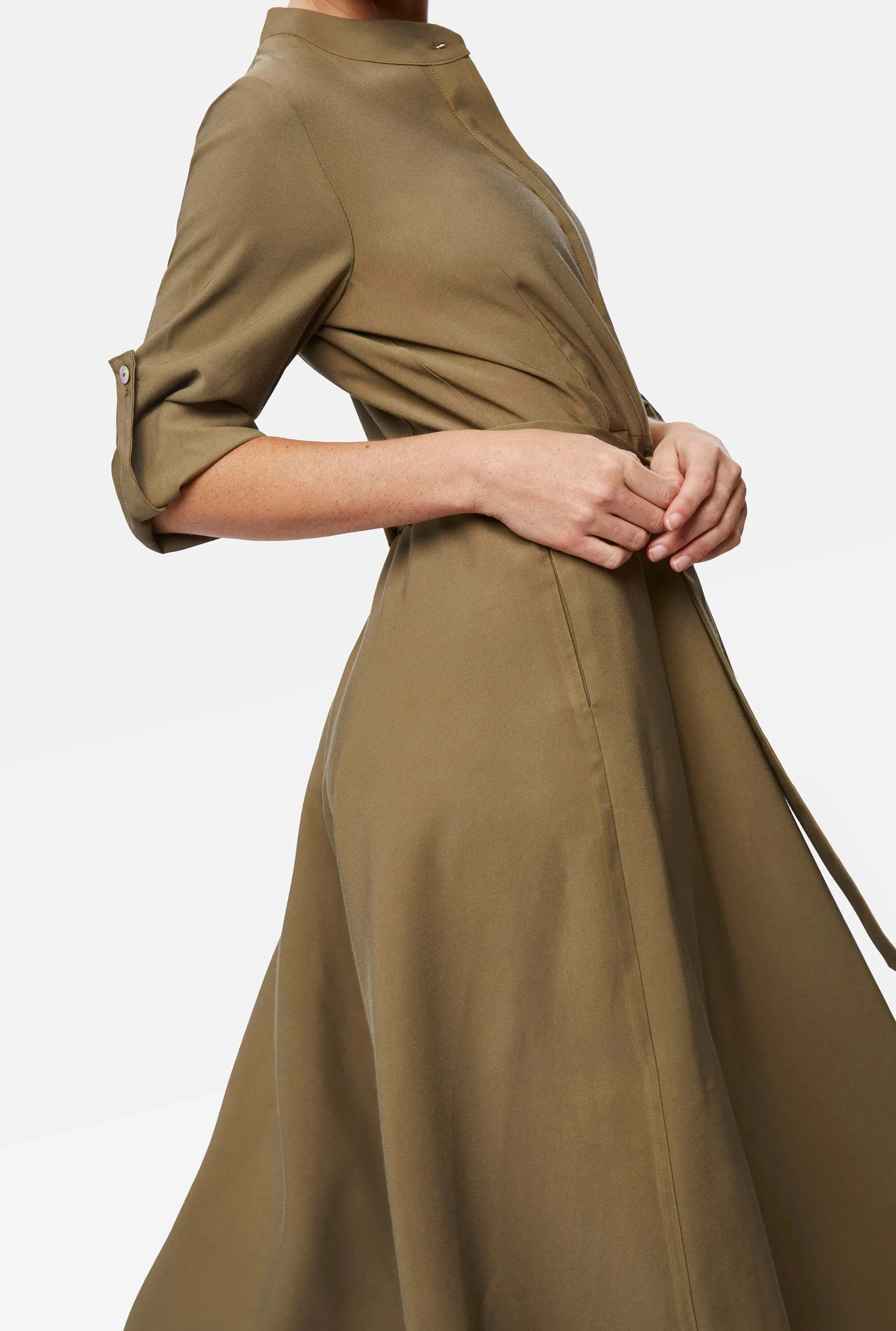 Roll Sleeve Midi Dress Military